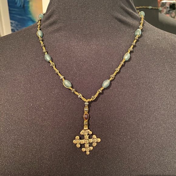 Brass Aztec Cross on beaded macrame chain - Picture 4 of 10